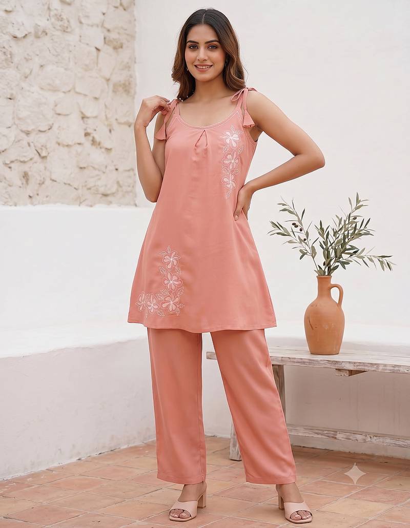 Women floral embroidered strappy a-line tunic kurti with straight pant set