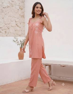 Women floral embroidered strappy a-line tunic kurti with straight pant set 2