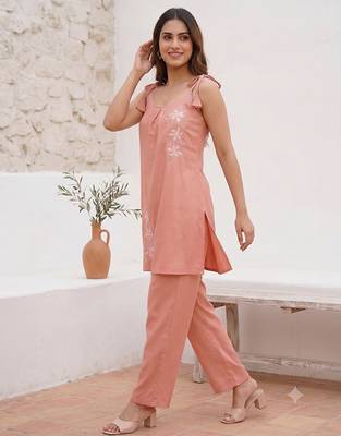 Women floral embroidered strappy a-line tunic kurti with straight pant set 3