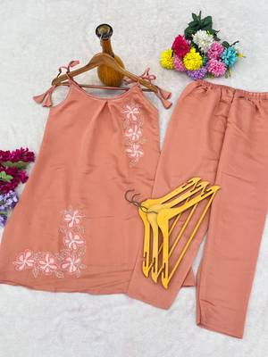 Women floral embroidered strappy a-line tunic kurti with straight pant set 4