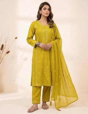 Yellow roman embroidered kurta pant with mul chanderi dupatta set 1