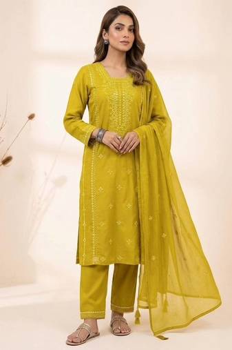Yellow roman embroidered kurta pant with mul chanderi dupatta set