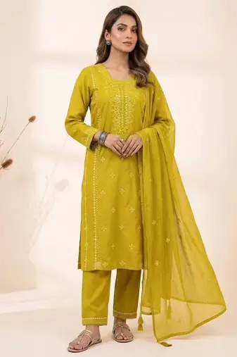 Yellow roman embroidered kurta pant with mul chanderi dupatta set