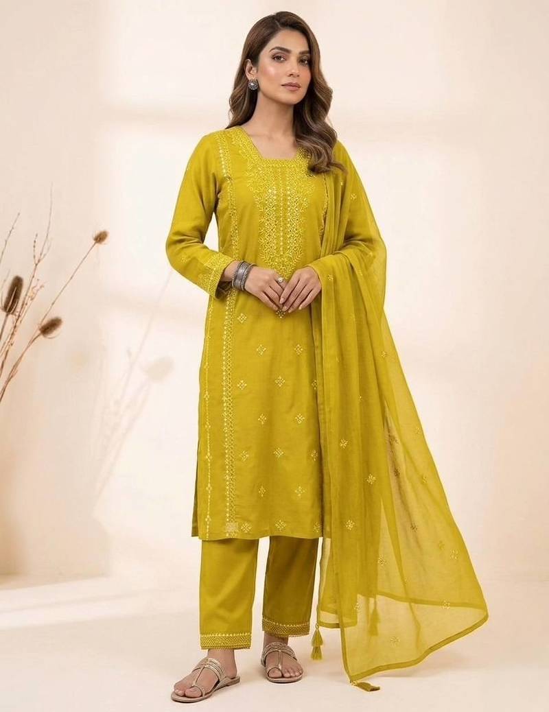 Yellow roman embroidered kurta pant with mul chanderi dupatta set
