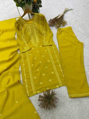 Yellow roman embroidered kurta pant with mul chanderi dupatta set 2