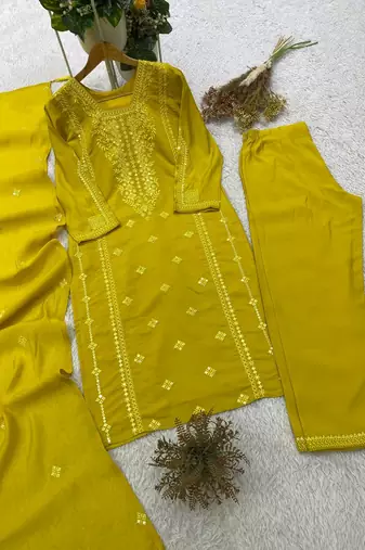 Yellow roman embroidered kurta pant with mul chanderi dupatta set