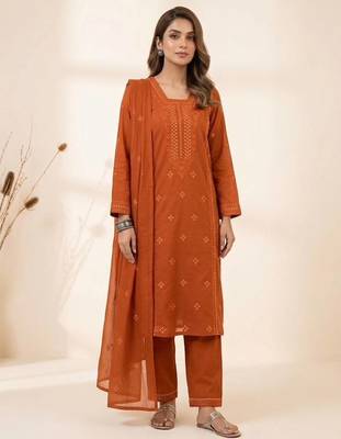 Orange roman embroidered kurta pant with mul chanderi dupatta set 1