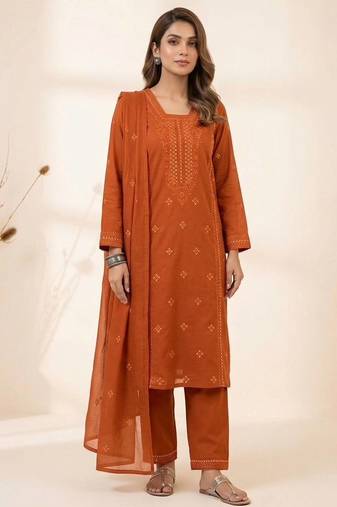 Orange roman embroidered kurta pant with mul chanderi dupatta set