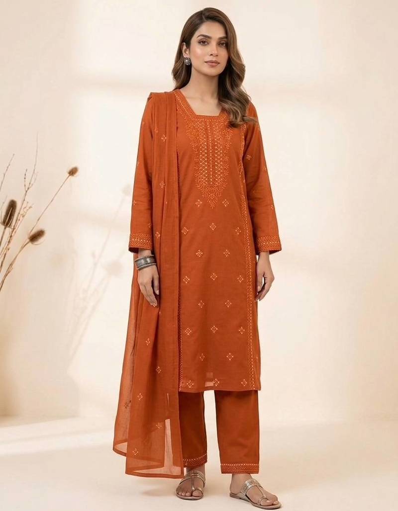 Orange roman embroidered kurta pant with mul chanderi dupatta set