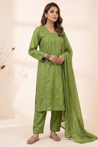 Green roman embroidered kurta pant with mul chanderi dupatta set