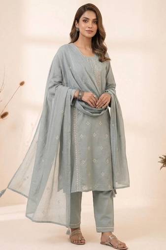 Grey roman embroidered kurta pant with mul chanderi dupatta set