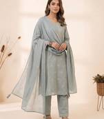 Grey roman embroidered kurta pant with mul chanderi dupatta set