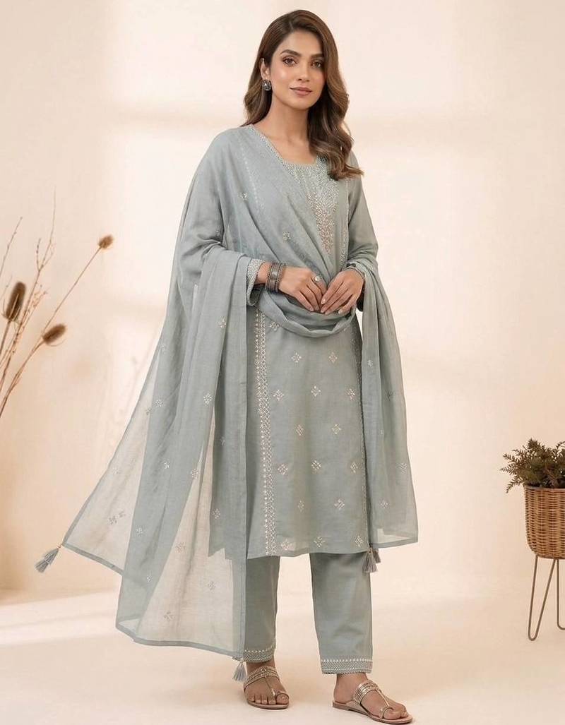 Grey roman embroidered kurta pant with mul chanderi dupatta set