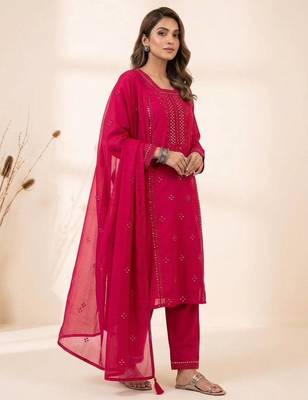 Rani pink roman embroidered kurta pant with mul chanderi dupatta set 1
