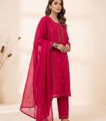 Rani pink roman embroidered kurta pant with mul chanderi dupatta set