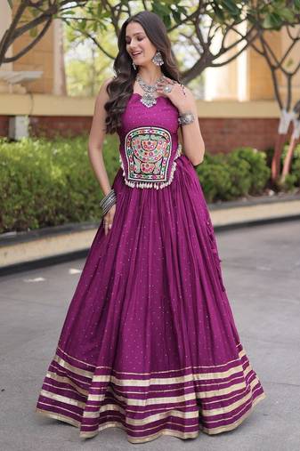 Purple Rayon Readymade Navratri Lehenga Choli with Mirror Gamthi Work