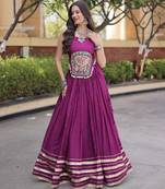Purple Rayon Readymade Navratri Lehenga Choli with Mirror Gamthi Work