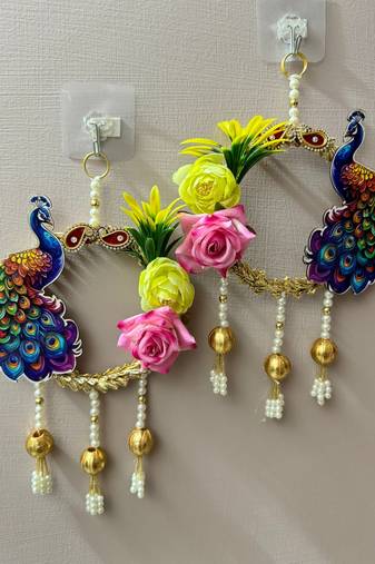handmade mdf peacock lace bangle floral pearl hanging home decor (pack of 2)