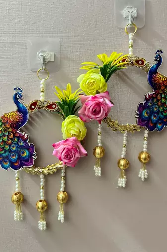 handmade mdf peacock lace bangle floral pearl hanging home decor (pack of 2)