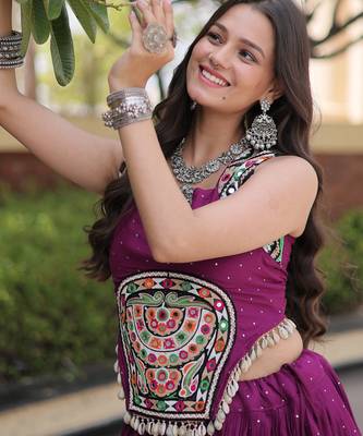 Purple Rayon Readymade Navratri Lehenga Choli with Mirror Gamthi Work 2