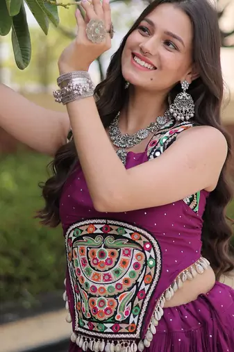 Purple Rayon Readymade Navratri Lehenga Choli with Mirror Gamthi Work