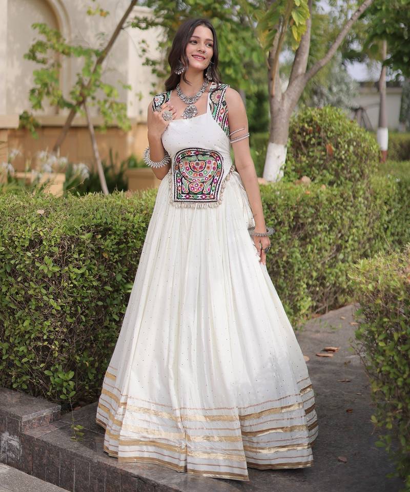 White Rayon Readymade Navratri Lehenga Choli with Mirror Gamthi Work