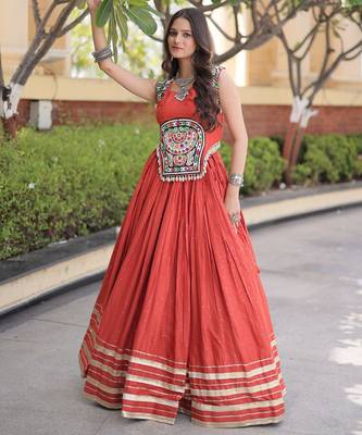 Orange Rayon Readymade Navratri Lehenga Choli with Mirror Gamthi Work 1