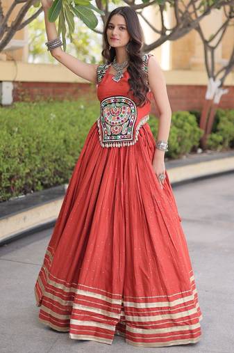 Orange Rayon Readymade Navratri Lehenga Choli with Mirror Gamthi Work