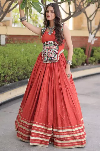 Orange Rayon Readymade Navratri Lehenga Choli with Mirror Gamthi Work