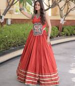 Orange Rayon Readymade Navratri Lehenga Choli with Mirror Gamthi Work