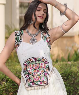 White Rayon Readymade Navratri Lehenga Choli with Mirror Gamthi Work 2