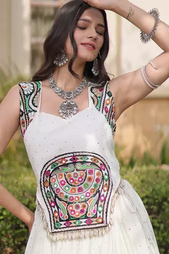 White Rayon Readymade Navratri Lehenga Choli with Mirror Gamthi Work
