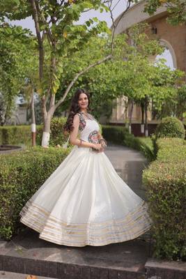 White Rayon Readymade Navratri Lehenga Choli with Mirror Gamthi Work 3