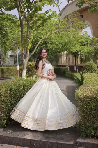 White Rayon Readymade Navratri Lehenga Choli with Mirror Gamthi Work