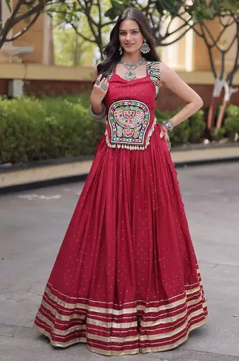 Red Rayon Readymade Navratri Lehenga Choli with Mirror Gamthi Work