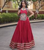 Red Rayon Readymade Navratri Lehenga Choli with Mirror Gamthi Work
