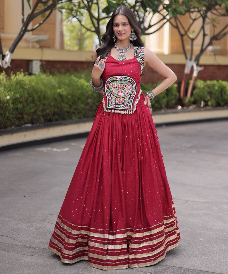 Red Rayon Readymade Navratri Lehenga Choli with Mirror Gamthi Work