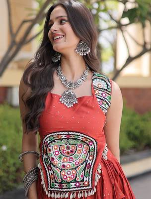 Orange Rayon Readymade Navratri Lehenga Choli with Mirror Gamthi Work 2