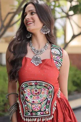 Orange Rayon Readymade Navratri Lehenga Choli with Mirror Gamthi Work