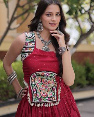 Red Rayon Readymade Navratri Lehenga Choli with Mirror Gamthi Work 2
