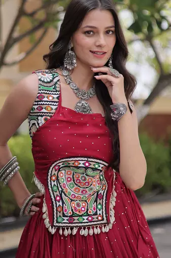 Red Rayon Readymade Navratri Lehenga Choli with Mirror Gamthi Work