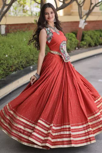Orange Rayon Readymade Navratri Lehenga Choli with Mirror Gamthi Work