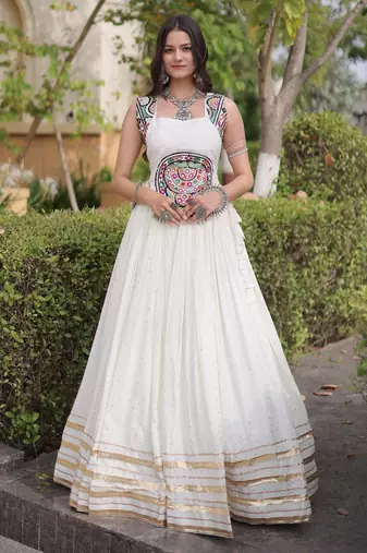 White Rayon Readymade Navratri Lehenga Choli with Mirror Gamthi Work