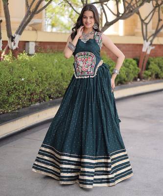 D Green Rayon Readymade Navratri Lehenga Choli with Mirror Gamthi Work 1