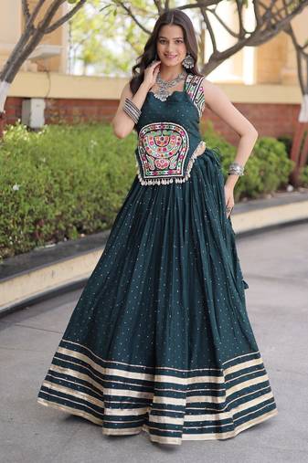 D Green Rayon Readymade Navratri Lehenga Choli with Mirror Gamthi Work