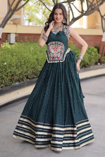 D Green Rayon Readymade Navratri Lehenga Choli with Mirror Gamthi Work
