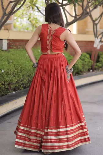 Orange Rayon Readymade Navratri Lehenga Choli with Mirror Gamthi Work