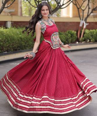 Red Rayon Readymade Navratri Lehenga Choli with Mirror Gamthi Work 3