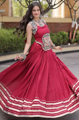 Red Rayon Readymade Navratri Lehenga Choli with Mirror Gamthi Work