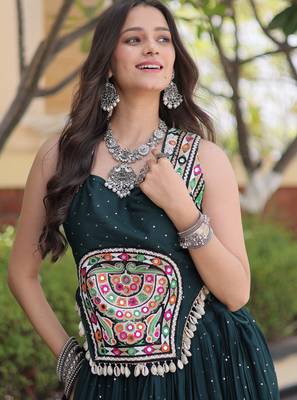 D Green Rayon Readymade Navratri Lehenga Choli with Mirror Gamthi Work 2